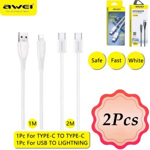 AWEI USB-A TO LIGHTNING Fast Charging Cable 1m And AWEI TYPE-C To TYPE-C Braided Cord 60W Fast Charging Cable 2m