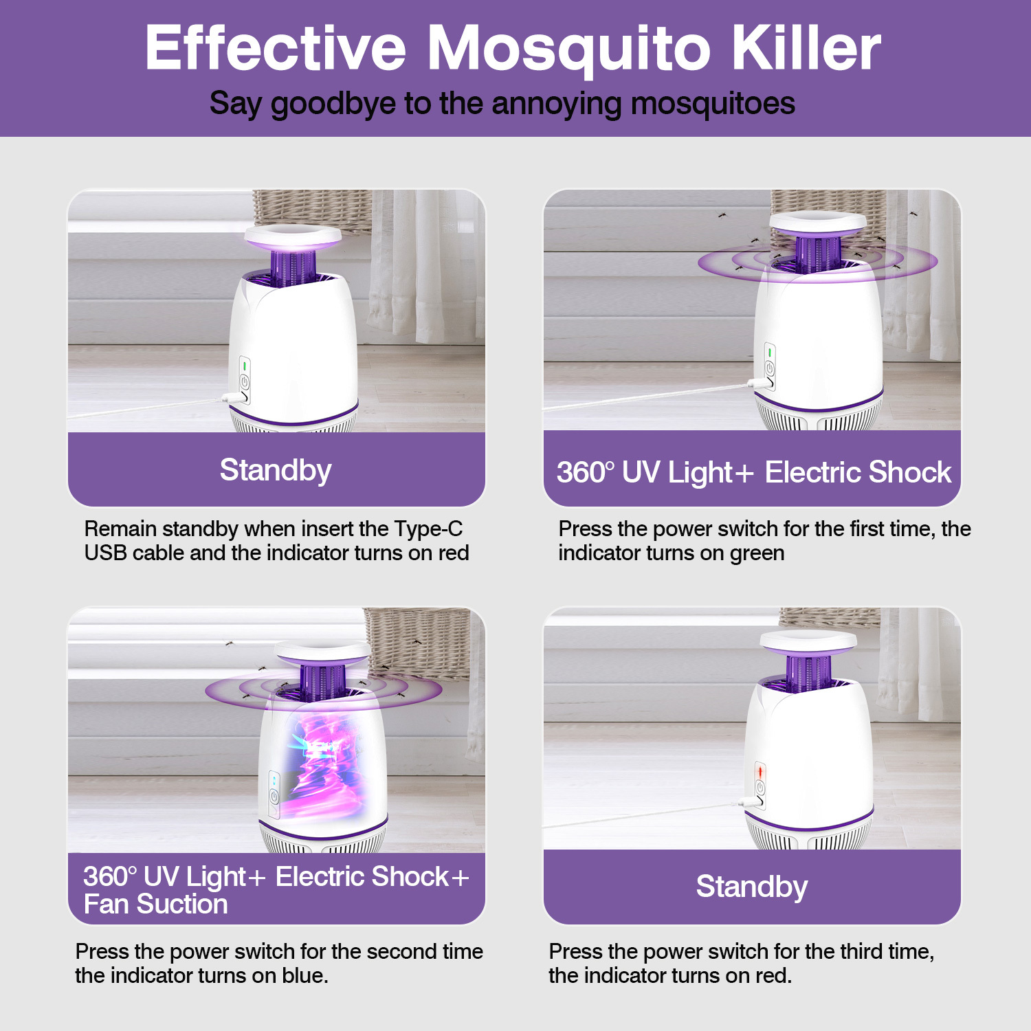 1Pc Plug-in Mosquito Zapper Max 1076Sq.Feet Range Electric Fly Zapper With 3 Modes Mosquito Killer Lamp For Indoor Outdoor - Image 6