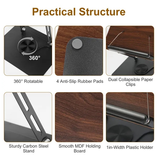 1Pc/2Pcs Book Stand For Reading Foldable Wood Book Holder Reading Rack Paper Stand With Adjustable Height 360° Rotatable Base Dual Paper Clips For Book Sheet Music Laptop Drawing Tablet - Image 3